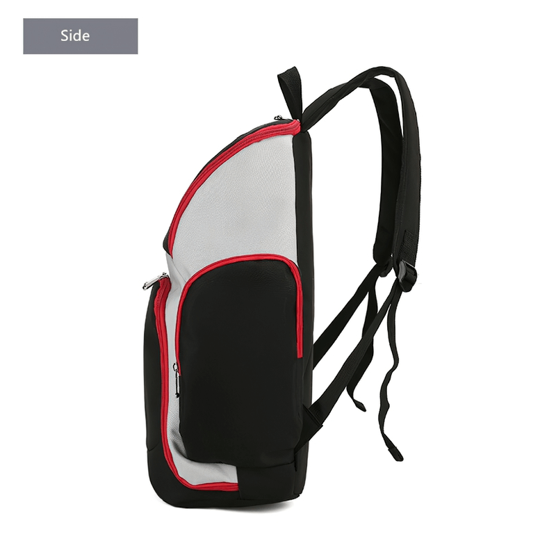 Side view of waterproof lightweight large capacity football backpack SF0870 with red accents, designed for easy sports gear transport.